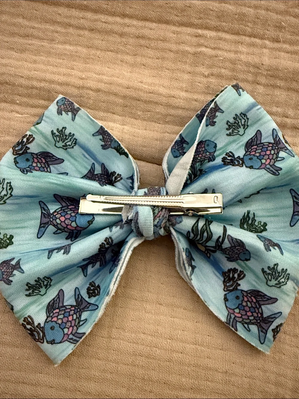 Kids rainbow fish  Bow Hair Clip - Light Blue Fish Print